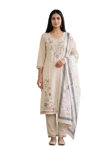 Women's Off-White Floral Printed Cotton Kurta Pant Dupatta Set-picture-19