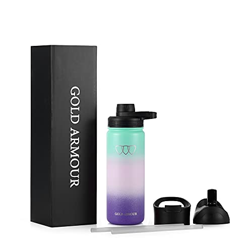 Gold Armour Water Bottle, Sports Flask with 3 Lids - Wide Mouth Vacuum Insulated 18/8 Stainless Steel Double Wall Design (Hydrangea, 18oz)