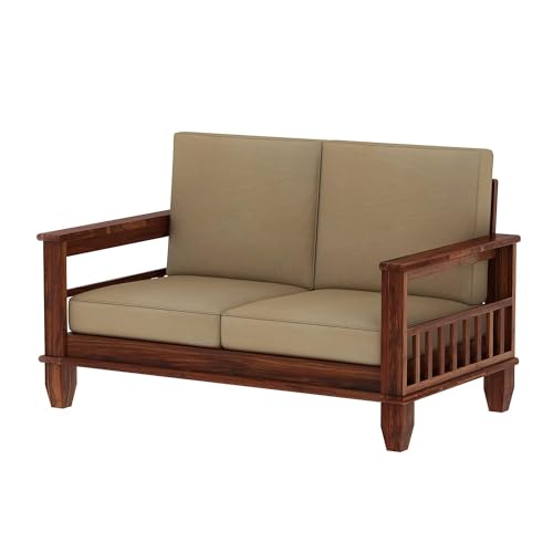 Image of Solid Sheesham Wood 2 Seater Sofa with Pocket Storage | Multipurpose Wooden Two Seater Sofa Chair with Cushion for Living Room, Home & Office (Natural Finish) | 1 Year Warranty
