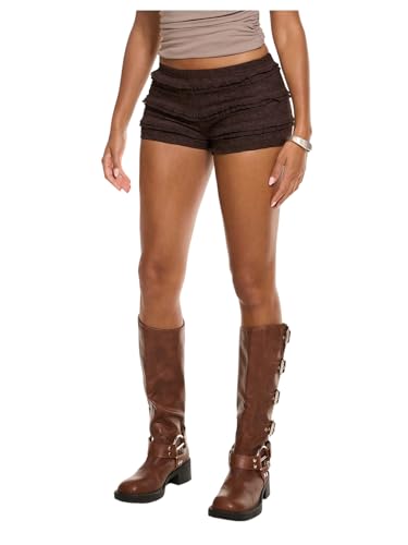 RoseSeek Womens Lace Frill Layered Mini Shorts Elastic Waist Low Rise Skinny Y2K Shorts Brown Large