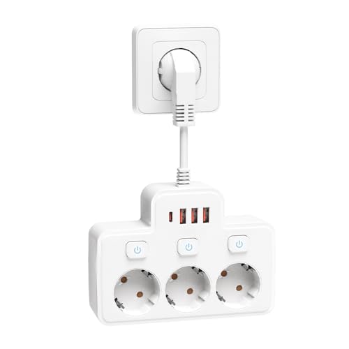 LEHOTPIA Steckdosenleiste mit USB, 3 Fach Mehrfachsteckdose Mit Einzelschalte Mehrfachsteckdose Mit 3 USB & 1 Type-C (5V 2,1A) für Küche Wohnzimmer Schlafzimmer(weiß) 1