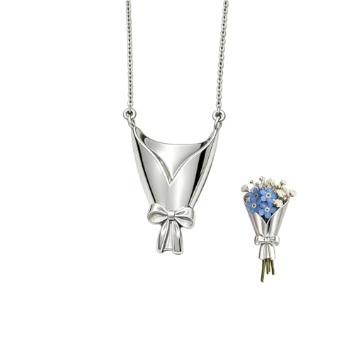 Silver Flower Bouquet Vase Pendant Necklace (Silver glossy surface)