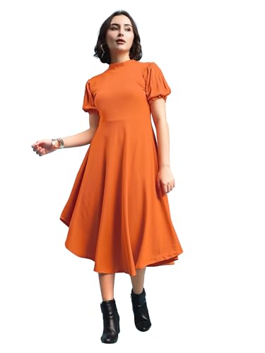 Image of PURVAJA Women's Fit & Flare Knee Length Short Sleeve Turtle Neck Solid Dress
