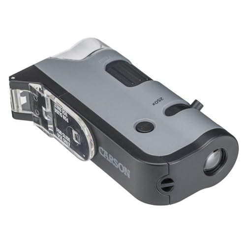Carson MicroFlip 100x-250x Taschenmikroskop mit Smartphone-Adapterclip, UV und LED-Licht & Objektträger für Nass- und Trockenpräparate (MP-250)