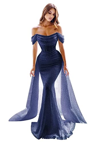 TIRAS Mermaid Wedding Dresses for Women 2024 Off Shoulder Sequin Evening Formal Gown with Detachable Train CM147