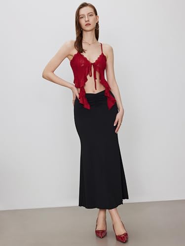CIDER Going Out Tops for Women Y2K Tie Front Asymmetrical Ruffle Hem Lace Spaghetti Strap Cowgirl Crop Tops2