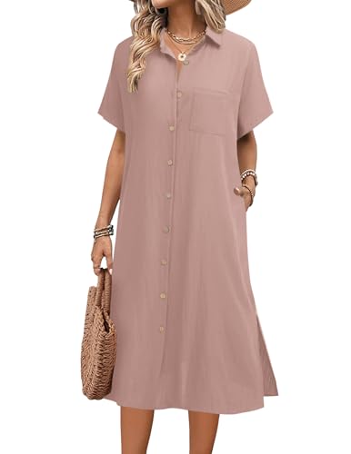 Image of HOTOUCH Womens Dress Summer Casual Midi Short Sleeve Button Down Shirt Dresses Beach Cover Up with Pockets