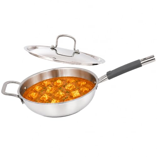 Image of Kichera Triply Stainless Steel Wok Pan 26cm (2.8L) - Heavy Duty, Naturally Non-Stick Kadhai with Riveted Handle | Induction & Gas Compatible | 100% Food Safe, Rust-Free & Durable Cookware