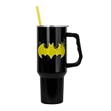 Silver Buffalo DC Comics Batman Logo Double Walled Stainless Steel Tumbler with Handle and Straw, Fits in Standard Cup Holder, 40 Ounces