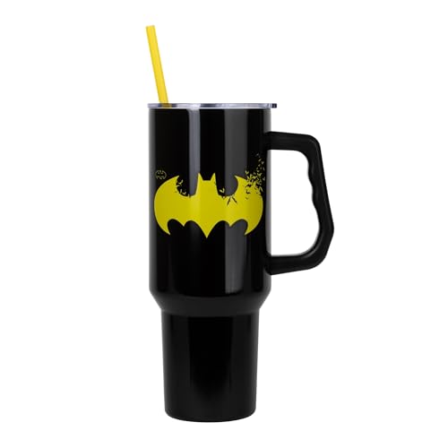 Silver Buffalo DC Comics Batman Logo Stainless Steel Tumbler with Handle and Straw, Fits in Standard Cup Holder, 40 Ounces