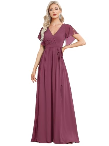 Ever-Pretty Robe pour Mariage Invité Longue Femme Col V Mousseline A Line Manches Courtes Plissé Chic Prune 50