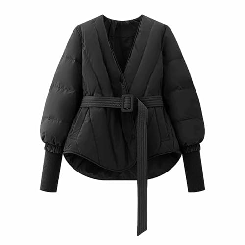 Women's Winter Long Sleeve Waist Cinched Jacket V-Neck Baggy Short Coats with Pockets