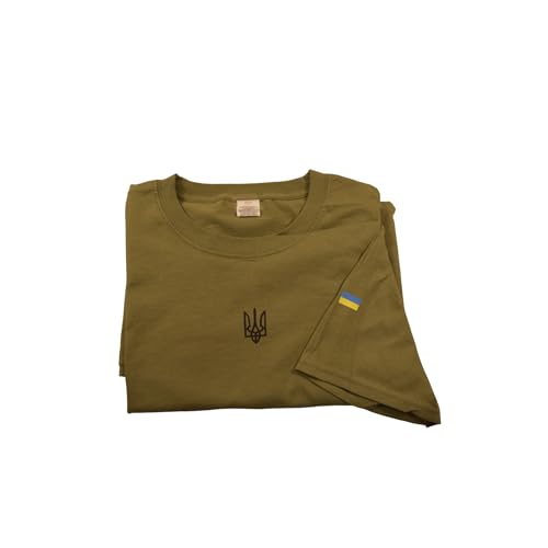 Fruit of Loom T-shirt avec logo du Trident Ukraine (drapeau de l'armée) Kaki Taille S M L, kaki, M