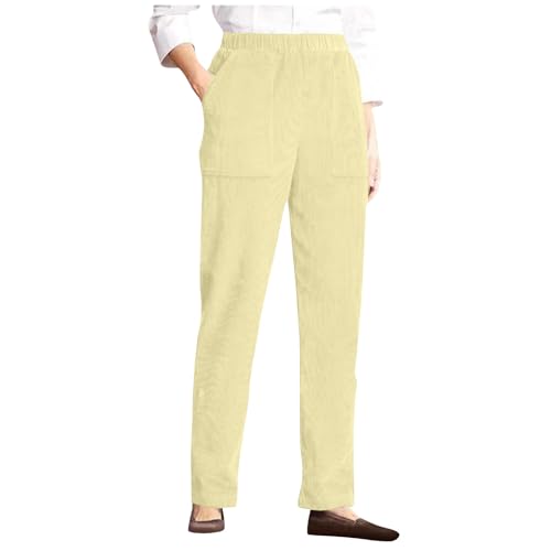 Qmerlimui Pantalon en Velours Côtelé Femme Taille Haute Élastique Coupe Droite Pantalon Décontracté avec Poches