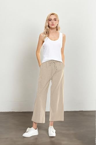 Image of LNX Womens Linen Capri Pants Wide Leg High Waisted Drawstring Casual Cropped Pants with Pockets
