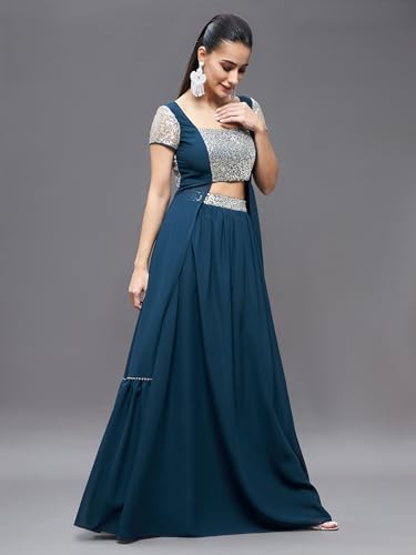 Image of Miss Chase Women's Embellished Square Neck Short Sleeves Waist Band Pocketed Tiered Maxi Co-Ord Set with Pocket