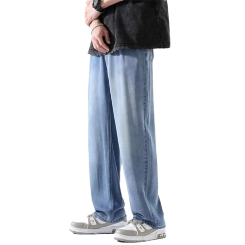 Men Spring Summer Elastic Waist Denim Trousers Korea Loose Straight Blue Pants Light Blue 3XL