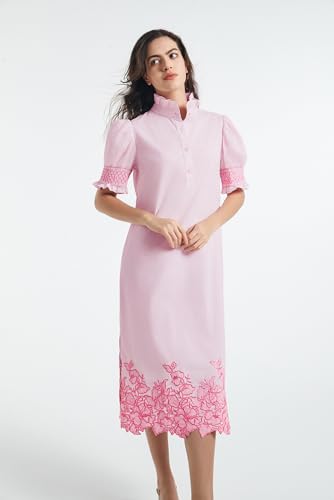 Image of Women's Summer Embroidered Midi Dress 2026 Button Down Short Sleeve Floral Shirt Dress