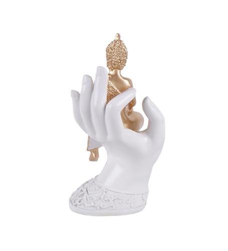 Image of THE WHITE INK DECOR Golden Enlightenment: Buddha Cradled in Graceful White Hand, Palm Buddha Hand Statues Idol for Home, Office, Living Room Decor and Mandir Pooja Room and Diwali Decor (9 inches)