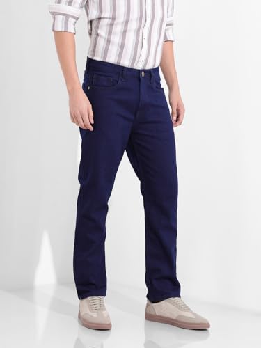 Image of The Indian Garage Co Men Slim Straight Fit Solid Mid-Rise Jeans (Dark Blue 36)