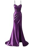 Ywwaaq Mermaid Prom Dress with Train Sweetheart Purple Satin Ruched Formal Evening Party Dress Size 16