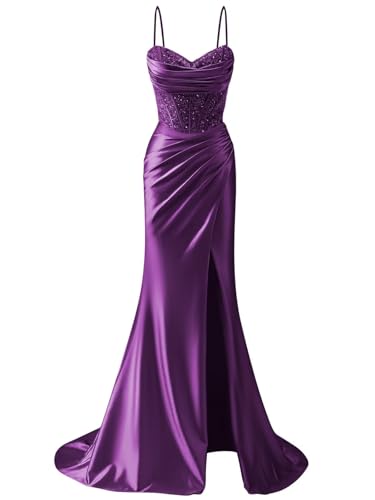 Ywwaaq Mermaid Prom Dress with Train Sweetheart Purple Satin Ruched Formal Evening Party Dress Size 16