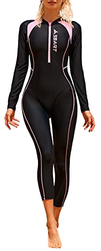 Image of Women One Piece Swimsuit Long Sleeve Full Swimwear Zipper Lightweight Rash Guard Surfing Diving Sun Suit UPF 50+ Stretch Wetsuit Beachwear for Snorkeling Pink XL