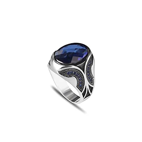 925 Sterling Silver Men Silver Ring with Sapphire GemStone, Handmade