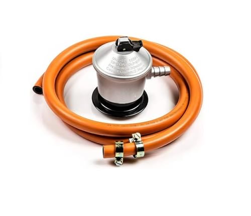 Kit Completo de Regulador Gas Butano, Manguera Homologada de Gas Butano de 1,5 Metros y 2 Abrazaderas | Apto para Cocinas, Barbacoas, Hornillos, Paelleros y Estufas