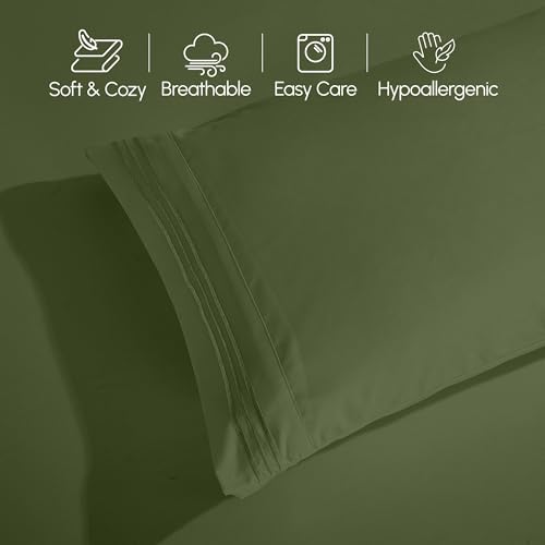 Image of Elegant Comfort Luxurious 1500 Premium Hotel Quality Microfiber Three Line Embroidered Softest 5-Piece Bed Sheet Set, Wrinkle and Fade Resistant, Split King, Sage-Green