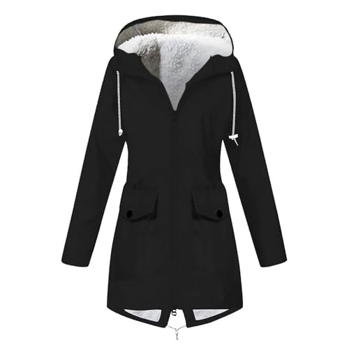 Generisch Wintermantel Damen Lang Parka Fleece Gefüttert Winterjacke Warm Damen-Mäntel Winter Mantel Mit Taschen Winterparka Elegant Kapuzenjacke Einfarbig Jacke Langarm Kapuzenmantel Winddicht