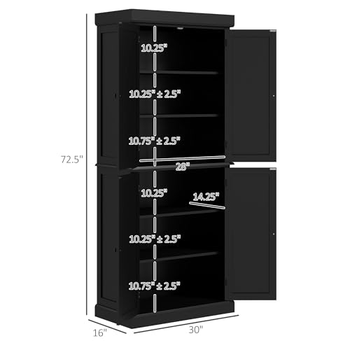 Image of HOMCOM 72.5 inch Tall Kitchen Pantry Cabinet, Freestanding Modern Farmhouse Kitchen Storage Cabinet with 4 Doors and 2 Adjustable Shelves for Dining Room, Black