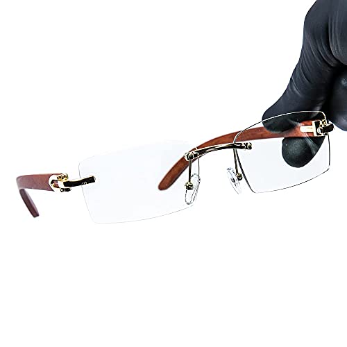 Vintage Small Retro Rimless Clear Lens Gold Frame Hip Hop Sunglasses Rectangle Men Women Frameless 90’s Shades Woodgrain Arm Sun Glasses Fashion Frameless Square Clear Tinted Glasses4