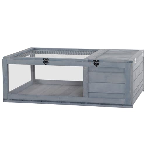PawHut Tortoise House with Mesh Roof, Small Pet Reptile Wooden House - Grey