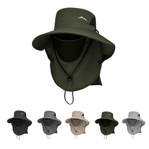 Image of Men's Quick Dry Packable Bucket Hat with Neck Flap Uv Protection UPF 50+ Sun Hat Wide Brim Boonie Hat with Chin Strap