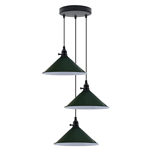 DC VOLTAGE Retro Industrial 3 Head Pendant Light Ceiling Fitting, 3 Tier E27 Pendant Metal Light Shade Hanging Adjustable Cluster Stair Lamp, Indoor Lighting Living Room, Bedroom, Hall (Green)