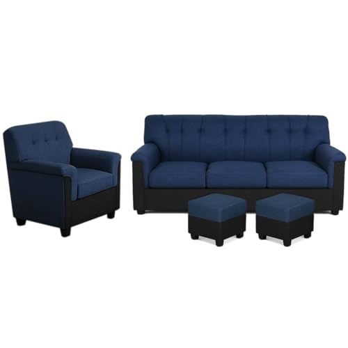 Image of Furny Woodsavo 5 Seater Sofa Set with Velvet Fabric, 3+1+1+2 Puffy Sofa Set for Living Room (Blue-Black Color) | Soft Velvet Fabric | Modern Design | Comfortable Seating | Living Room Furniture