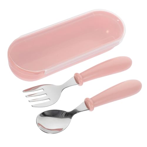 BRIGHTFUFU 1 Set Children's Tableware Stainless Flatware Dinnerware Dining Set Cutlery Silverware Spoon Stainless Steel Fork for Utensils Plastic Pink