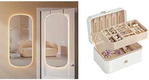 SONGMICS Espejo LED, espejo de pared arqueado de longitud completa, espejo de 47.2 x 18.5 pulgadas para puerta de pared, joyero, estuche de joyería