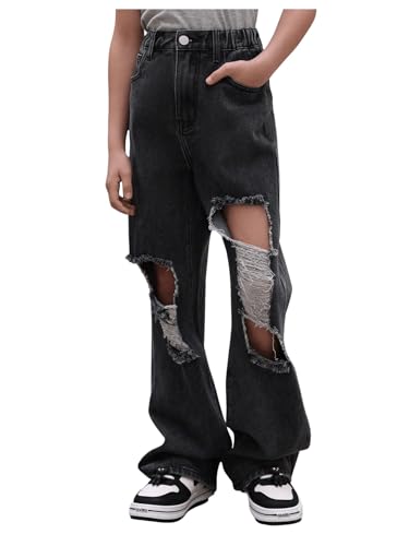 Verdusa Girl's Casual Distressed Ripped Elastic Waist Wide Leg Denim Pants Jeans