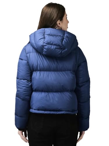 Image of Woods Women's Blue Solid Regular Fit Puffer Lightweight Quilted Winter with Detachable Hood, Full Sleeve Zip Closure & Front Pockets, Casual Outerwear for Cold Weather