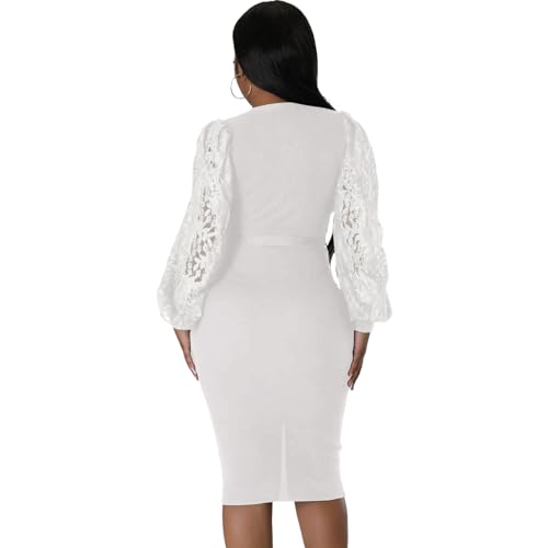 Image of BOGURST Semi Formal Church Dresses for Women Bishop Sleeve Sexy V Neck Bodycon Midi Dresses
