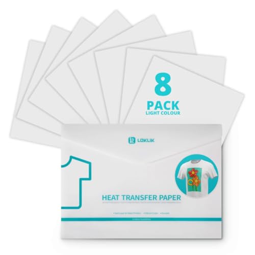 LOKLiK Papier de Transfert Thermique pour Tissus Clairs – 8 Feuilles A4 – Papier Transfert pour T-shirts, Débardeurs & Sacs – Impression – Facile à Appliquer avec Presse à Chaleur (Blanche)
