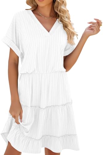 Image of PerZeal Women's Casual V Neck Short Sleeve Tiered Dress Ruffle Hem A-Line Flowy Swing Midi Dresses