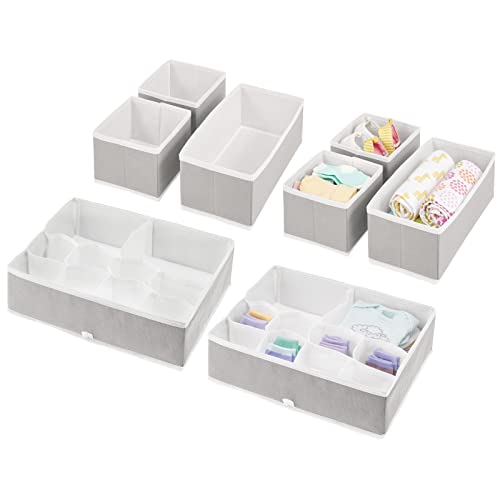 Image of mDesign Fabric Drawer Organizer Bins, Kids/Baby Nursery Dresser, Closet, Shelf, Playroom Organization, Hold Clothes, Toys, Diapers, Bibs, Blankets, Jane Collection, Set of 4, 2 Pack - Stone Gray/White