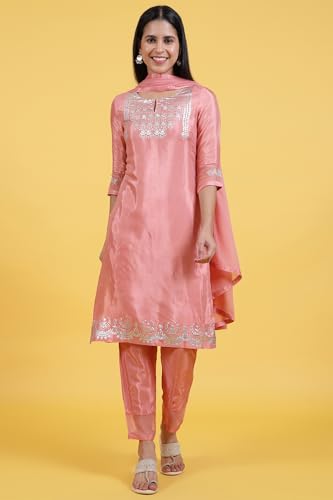 Image of W for Woman Pink Printed Shantung Straight Kurta, Pants and Dupatta Set