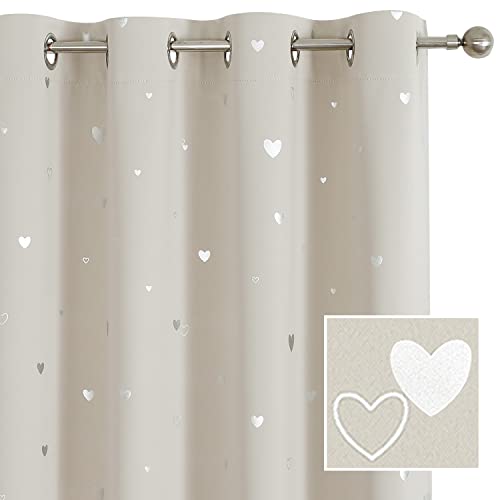 SMILE WEAVER Cortinas beige para dormitorio infantil con diseño de estampado plateado, reducción de ruido, aislamiento térmico, cortinas de oscurecimiento de habitación, paneles superiores para sala