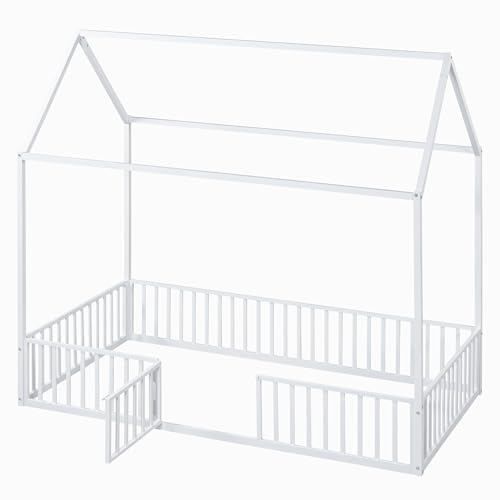 Bellemave Twin Floor Bed with Door, Fence and Roof, Metal Montessori Bed Twin Size,House Floor Bed for Kids, Girls, Boys, White