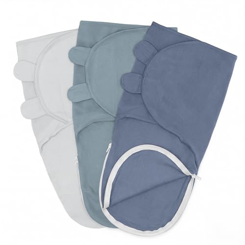 Image of Comfy Cubs Easy Swaddle Blanket with Zipper Closure, 3 Pack - 100% Cotton Newborn Wrap, Small for 0-3 Months Infants, Breathable and Durable Sleep Sack for Babies - Stone, Pacific Blue, Nomadic Blue