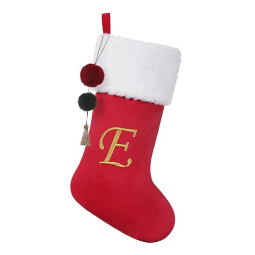 Pxniy 19.5 inches Personalized Velvet Christmas Stocking,Initials Embroidered Letter Christmas Stocking with pom poms, for Fireplace Hanging Decor and Xmas Gift(Red E)